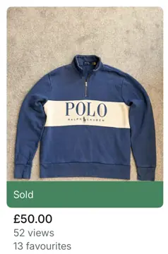Polo Ralph Lauren spellout quarter zip listing marked Sold on Vinted
