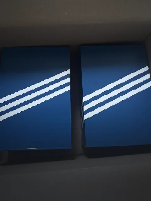 Two blue adidas shoe boxes in a delivery carton